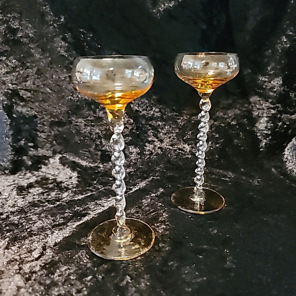 Vtg Amber Blown Glass Cordial Cocktail Glasses (2) Twisted Stem 5.5" tall - Picture 2 of 14